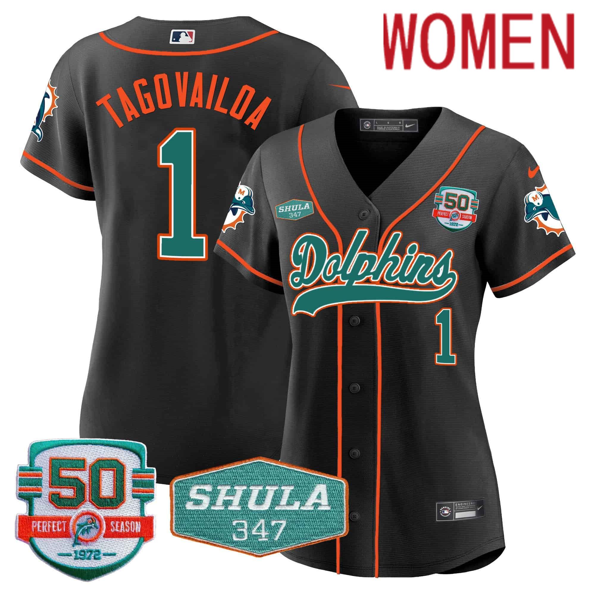 Women Miami Dolphins #1 Tagovailoa Black 2024 Nike 50th Don Shula Memorial Patch Baseball NFL Jersey style 1